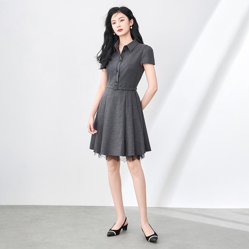 

Retro Fashion Lace Pleated Slimming Dress with Lapel Collar - Women s Summer Short Sleeve Style Small темно-сірий