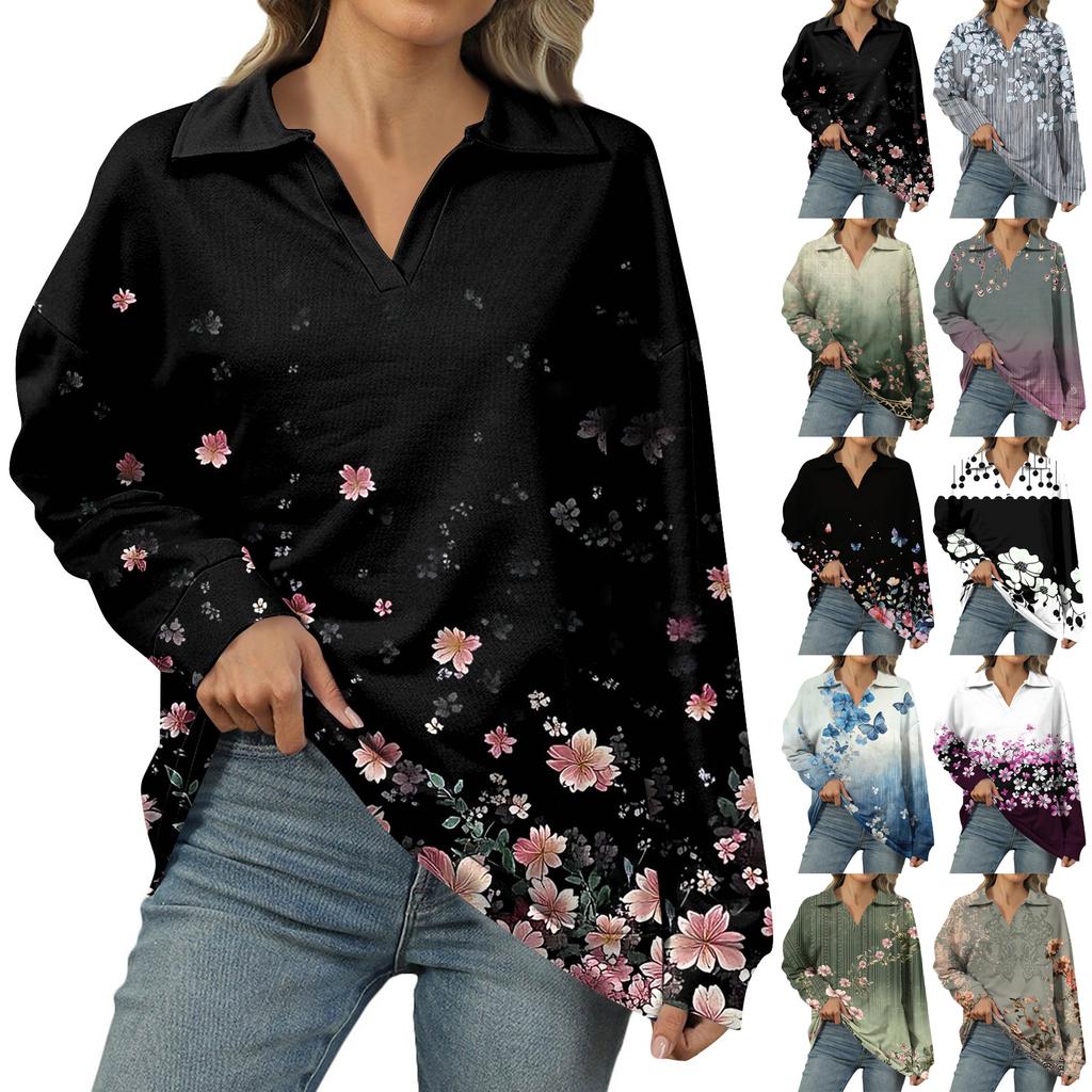 Women's Summer Fashion Casual  Printed V-Neck Long Sleeve Shirt Top