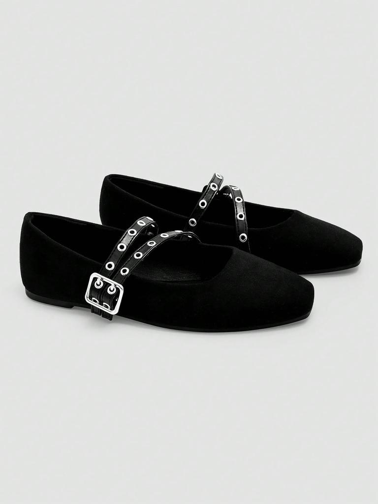 Black Double Buckle Strap Mary Jane Shoes, Retro Silver Ring Buckle Design