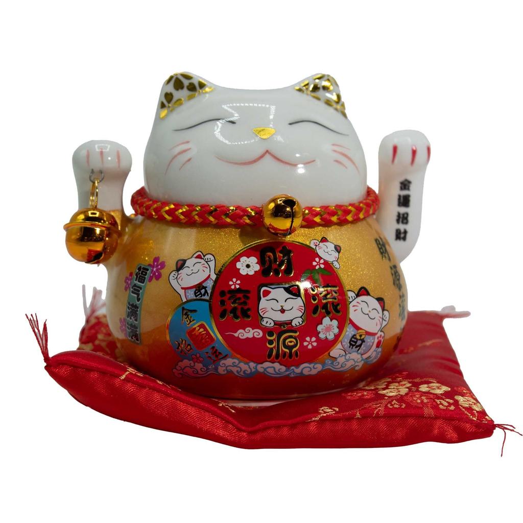 Ceramic Money Cat Moving Hand – Gold On Cushion
