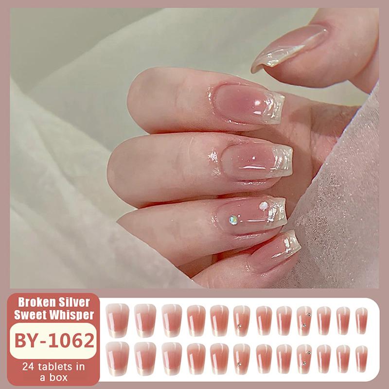 24Pcs Simple Fake Nail With Jelly Glue Butterfly Design Pink White Gradient French Press On False Nails Full Cover Nail Tips