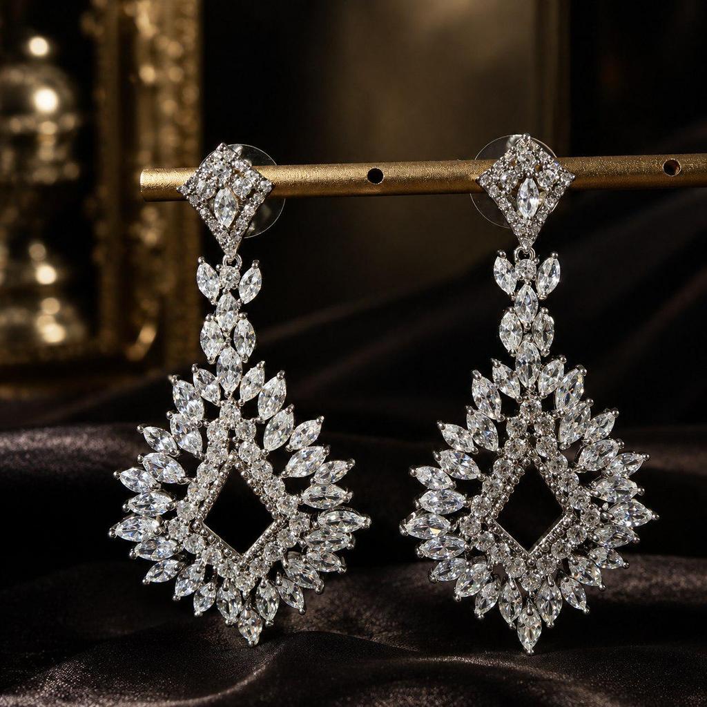 High-End Geometric Zirconia Earrings for Women - Long S925 Silver Needle, Bridal Wedding Fashion Accessories