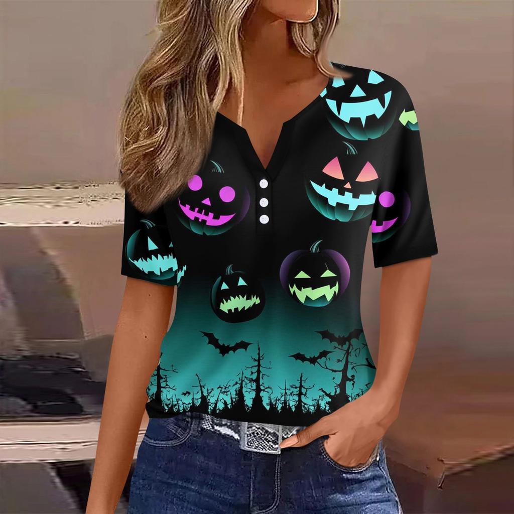 Women's T Shirt Tee Halloween Printed Button Short Sleeve Tunic Daily Weekend Fashion Basic V- Neck Regular Top