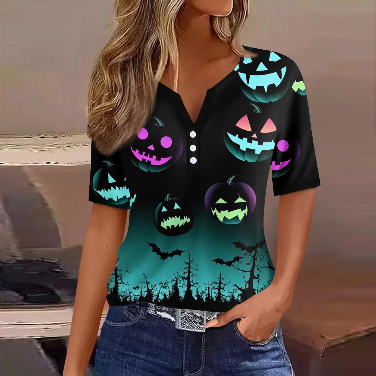 

Женская футболка Футболка Хэллоуин Принт Пуговица Короткий рукав Туника Повседневная Мода Выходного дня Базовая V-образный вырез Обычный Топ XXXL