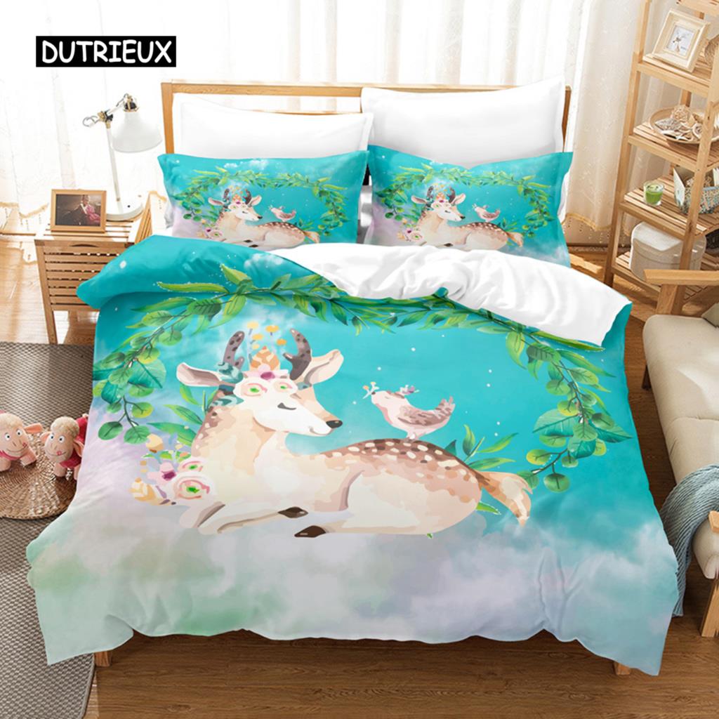 Deer Duvet Cover Set Wild Forest Animal Bedding Set Natural Bedclothes Kids Teens Double Queen King Size Polyester Quilt Cover