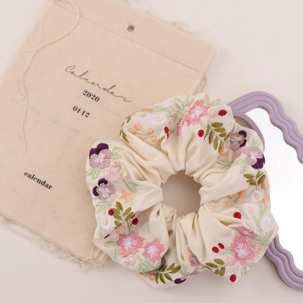 Colorful Embroidery Hair Scrunchies Satin Hair Ropes Retro Floral Scrunchies  Daily