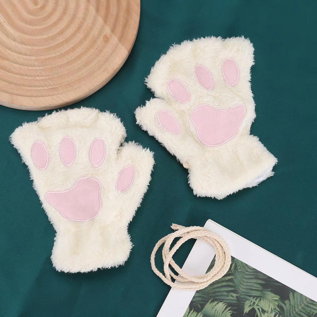 Winter Thickened Fluffy Bear Paw Half Finger Gloves Cute Cartoon Cat Paw Open Finger Gloves For Girls