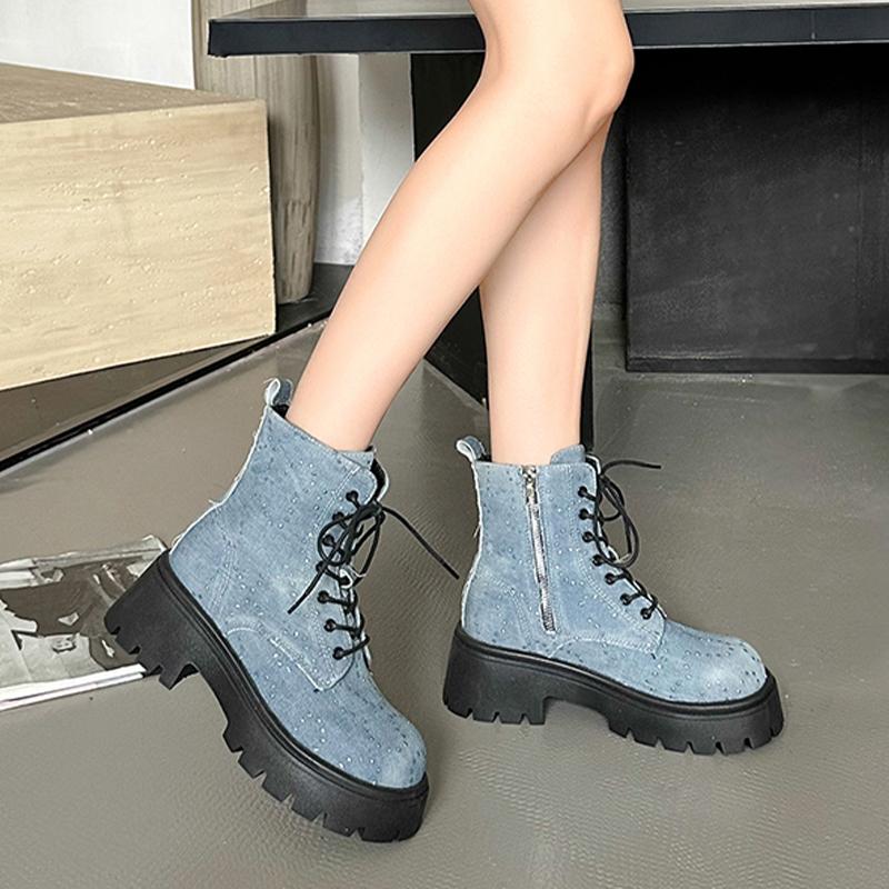 Cowboy Platform Ankle Boots Women High Heels Shoes Fashion Autumn Lace Up Motorcycle Boots  Trend New Pumps Snow Botas Mujer