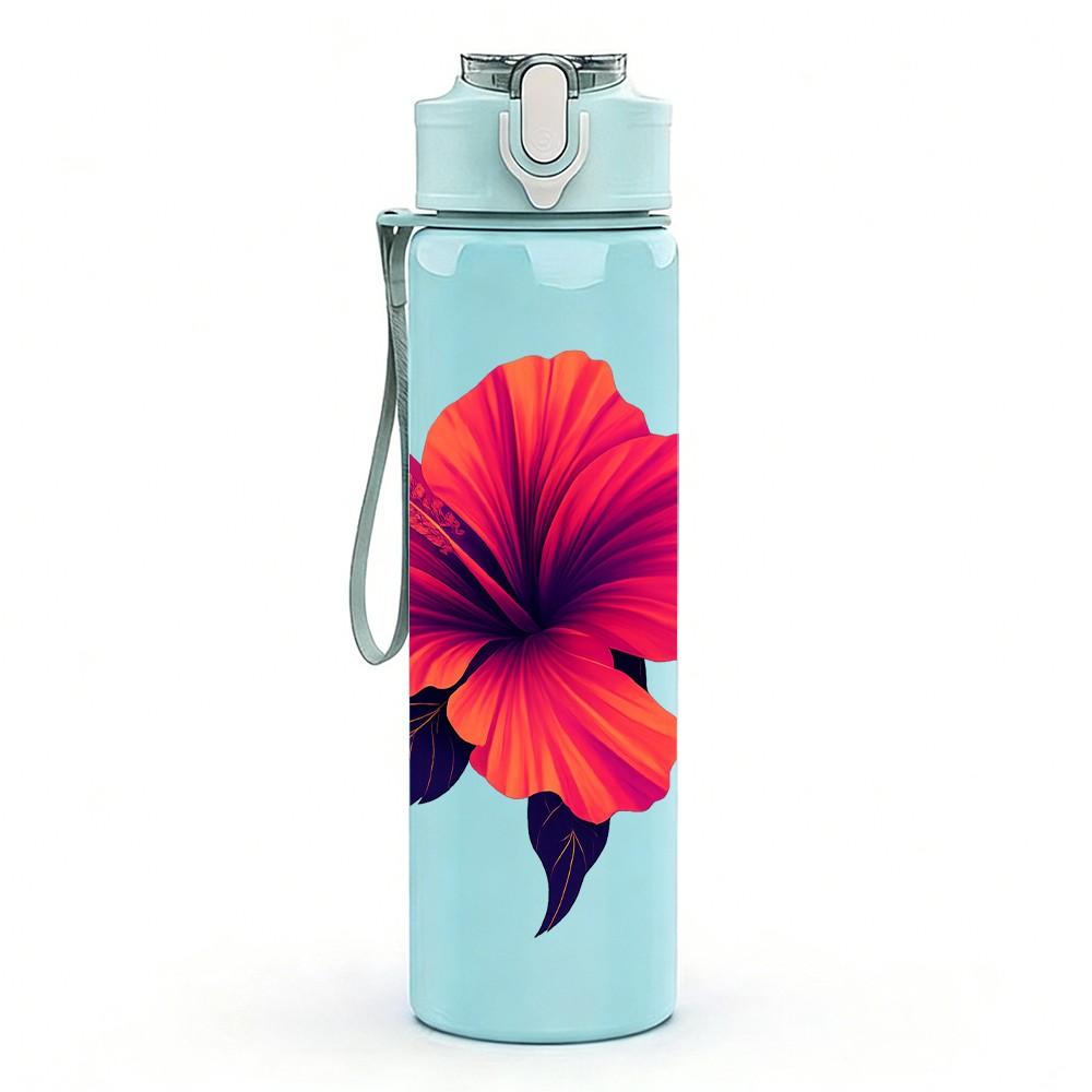 1PC Red Hibiscus Flower Illustration 750ml Color Plastic Sports Water Bottle Leakproof Flip Straw Lid Suitable for Sports Office Home Use