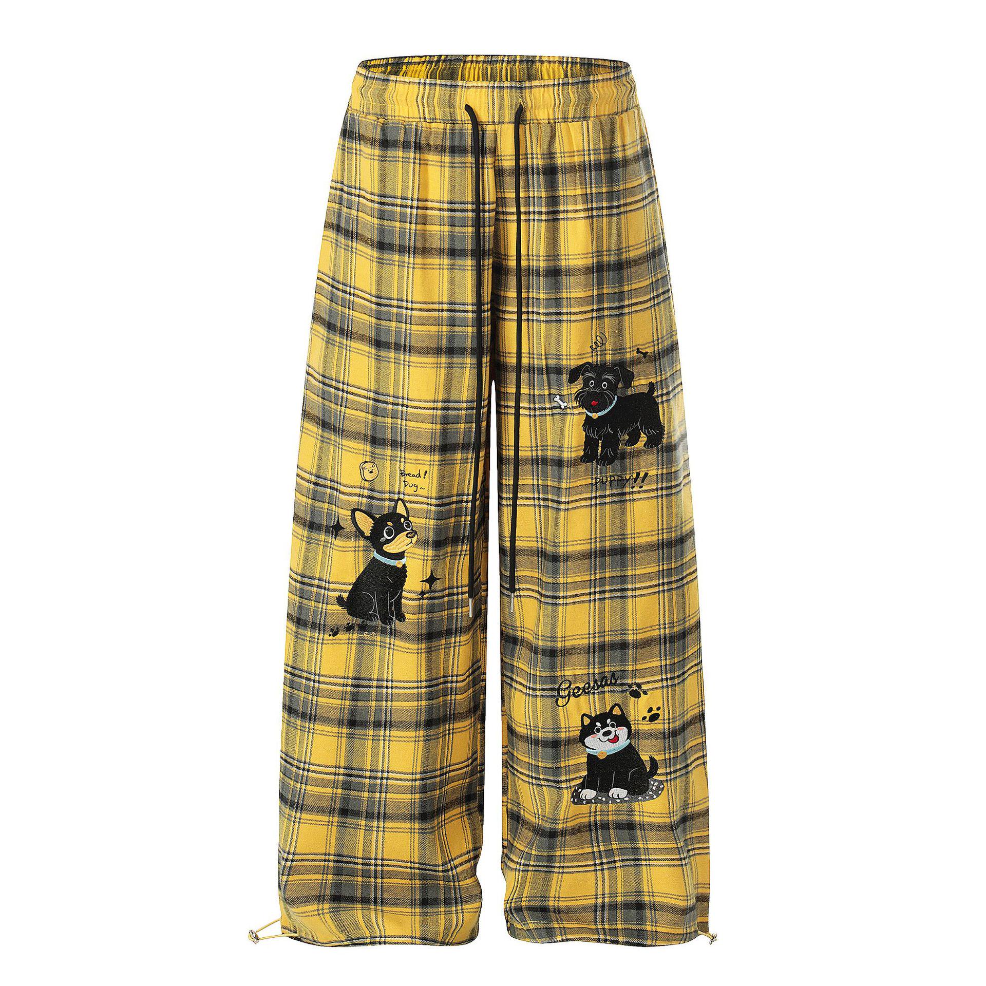 

Retro Plaid Wide-Leg Pants with Puppy Embroidery - Women s Casual Fit Extra Large жёлтый