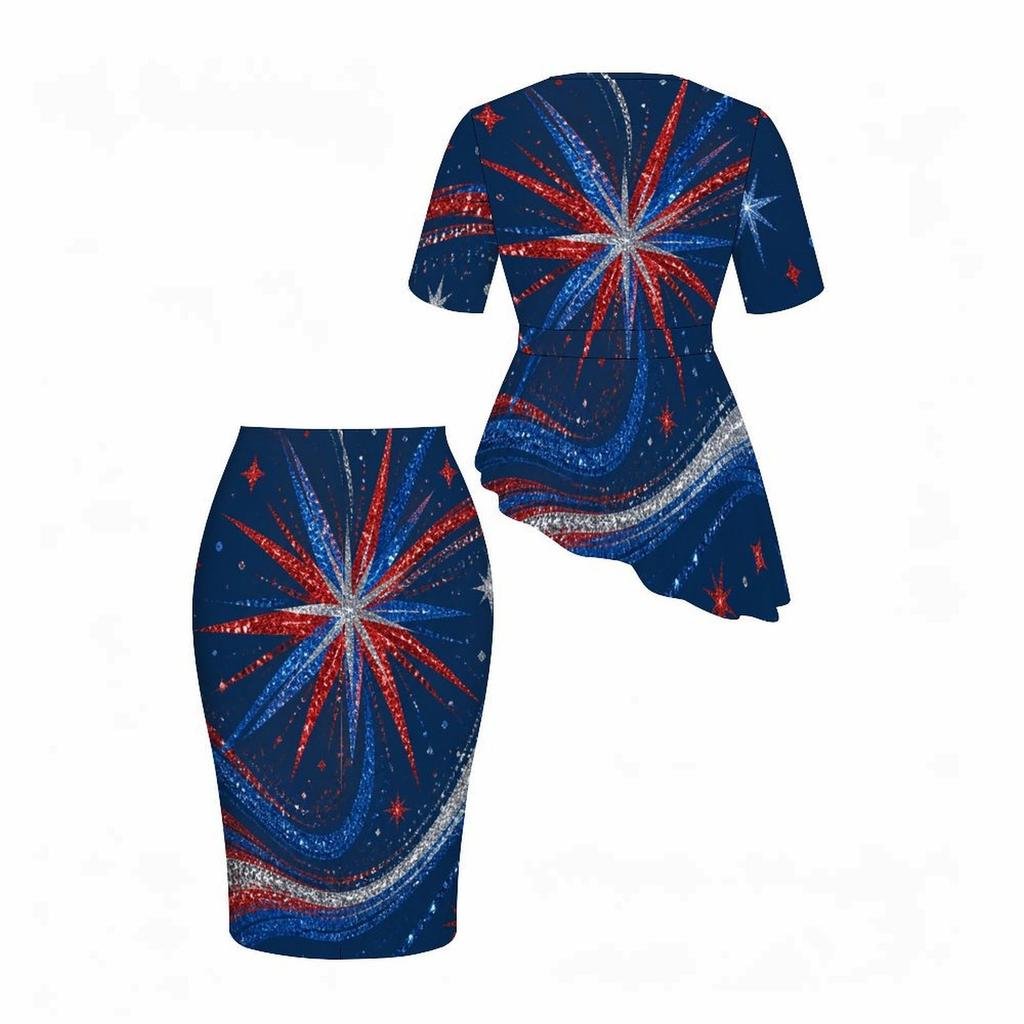 Women Plus Size Two Piece Skirt Set Round Neck Short Sleeve Printed Asymmetric Top Fitted Skirt Red Blue White