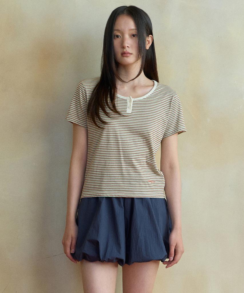 Wednesday Oasis For Woman Allo Stripe Henley Neck Short Sleeve T-Shirt_Orange(Wb6Tp29)
