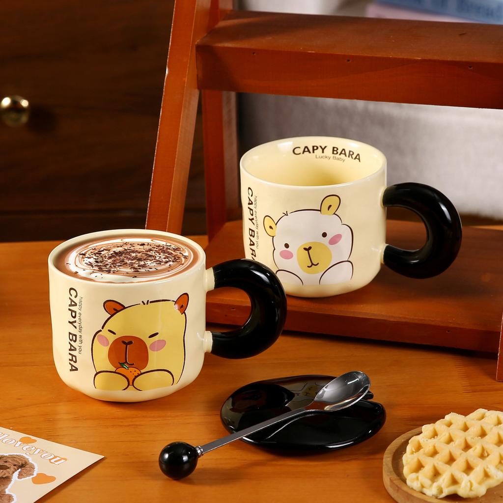 Mug with Lid Spoon Kapibala Cup Ceramic Marrard Girl Office Water Cup Children Breakfast Cup Men
