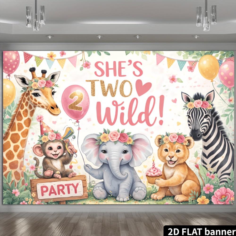 2D Jungle Animal Theme 2Nd Birthday Party Banner Background, Cartoon Giraffe, Monkey, Elephant, Lion, Zebra Images