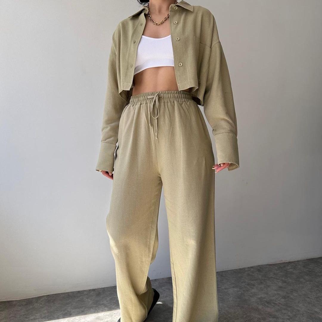 

BITCED Однотонная повседневная рубашка с длинным рукавом и короткими брюками на завязках 2XL светло-зеленый