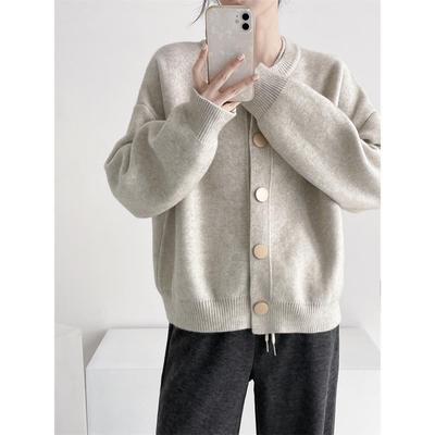 Women's Round Neck Single-Breasted Solid Color Knitted Cardigan - Autumn/Winter 2024 Korean Style