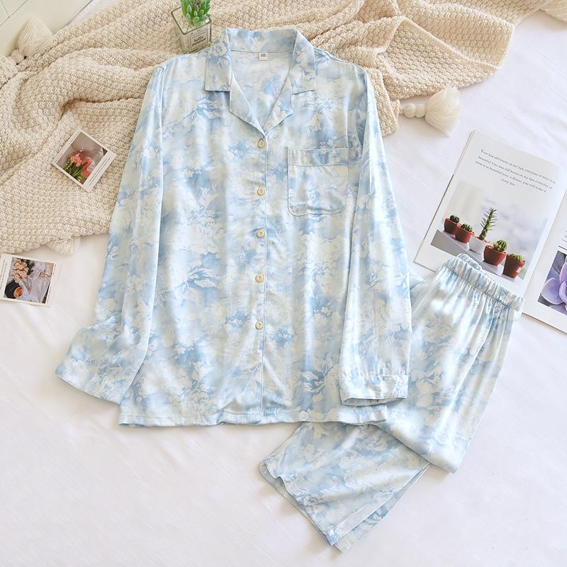 Fashion Flower Silky Pajamas Sets Women Summer Sleepwear LAong-sleeve High Quality Pyjamas