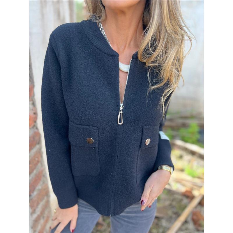 Women's Autumn/Winter Casual Solid Color Crew Neck Zip Pocket Jacket