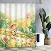 Shower Curtain: Whimsical Boy Playing Guitar in a Scenic Village for a Cheerful and Playful Bathroom Decor