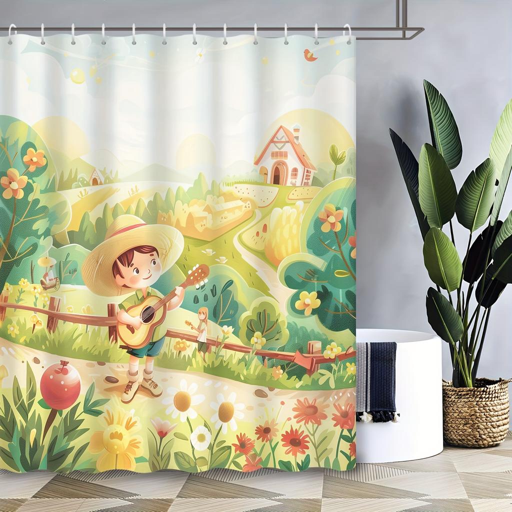 Shower Curtain: Whimsical Boy Playing Guitar in a Scenic Village for a Cheerful and Playful Bathroom Decor