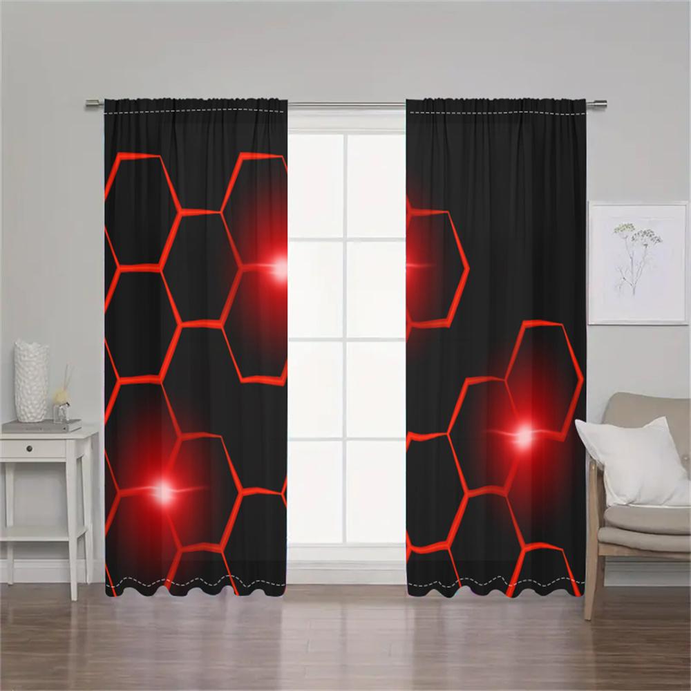 2Pcs Modern Geometric Curtains Red Hexagon Pattern Living Room Bedroom Office Sunshade Tech-Inspired Theme Decor Curtains