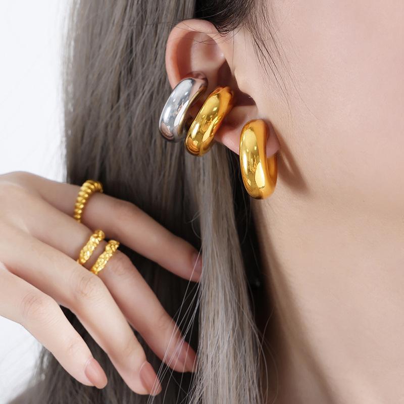 Stainless Steel Chunky Round Circle Clip Earring for Women Gold Color C Shape Ear Cuff Stud Tube Thick Earclips Jewelry