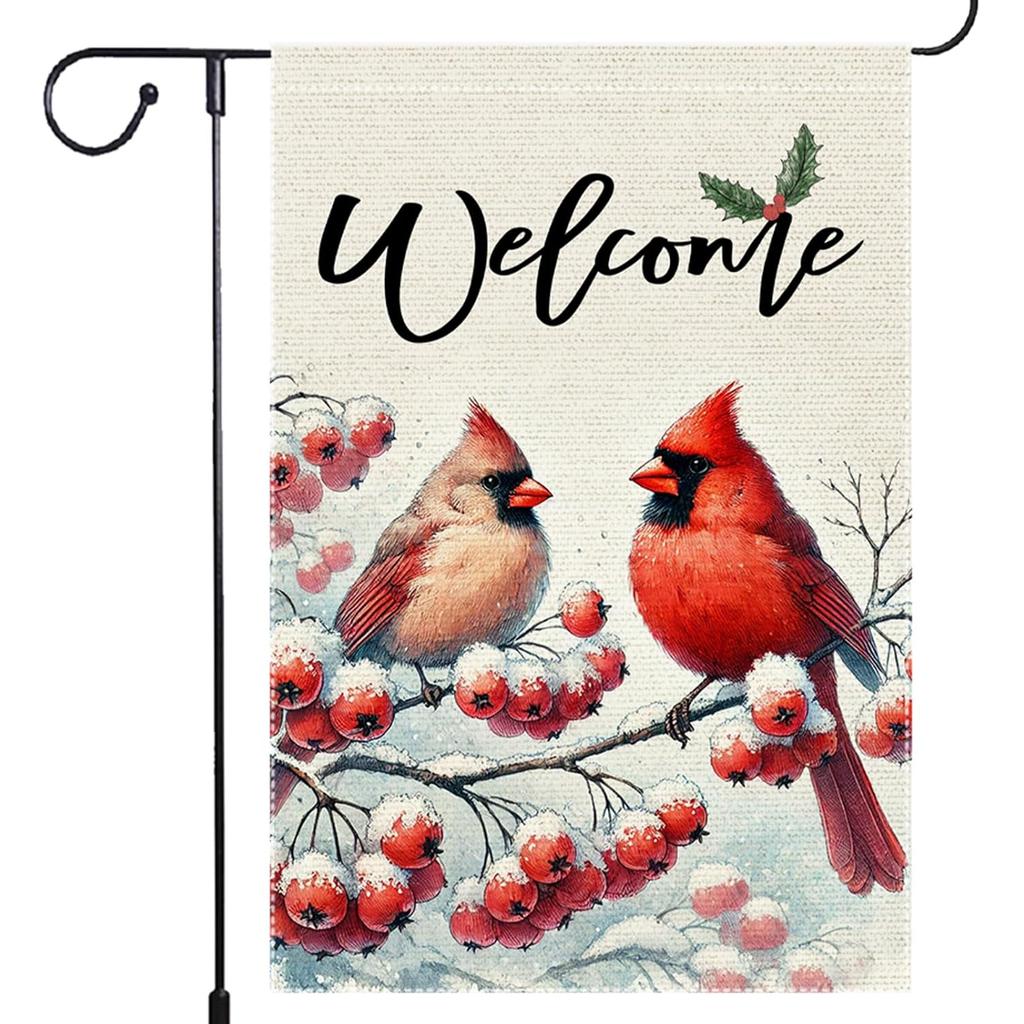 Hello Winter Dog Christmas Garden Flag 12x18 Vertical Double Sided Cardinal Bird Snow Holiday Outside Decorations Yard Flags ( 12X18)