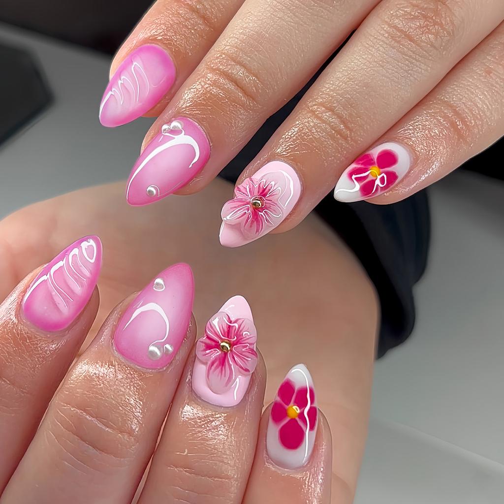 24Pcs Simple Almond Press On Nails Fresh Colorful Flower Design Short Full Cover Fake Nail Tips