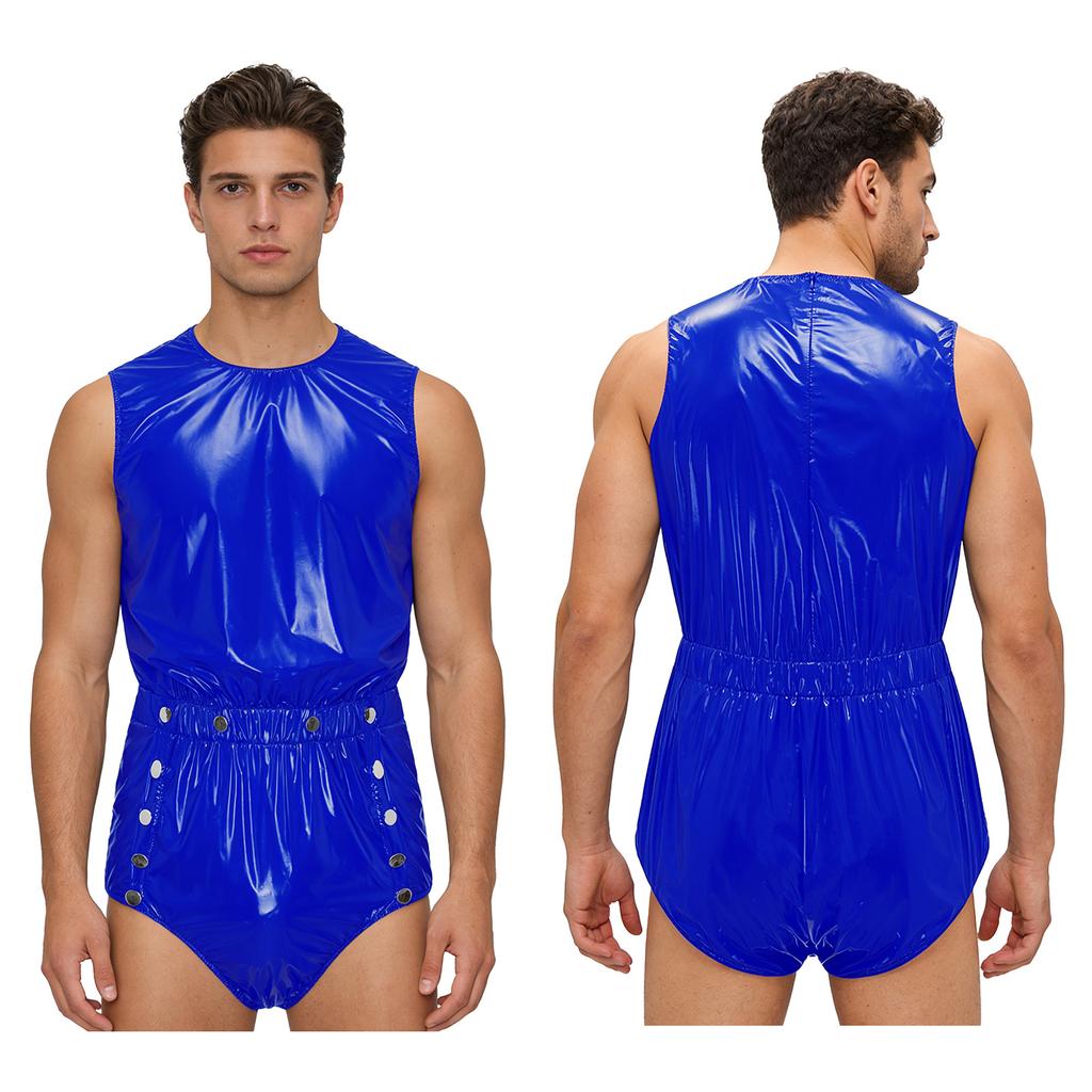 S-3XL Mens Waterproof Bodysuit Openable Crotch with Buttons Sleeveless Back Zipper Elastic Waistband One-piece Romper Jumpsuit for Clubwear Swimming