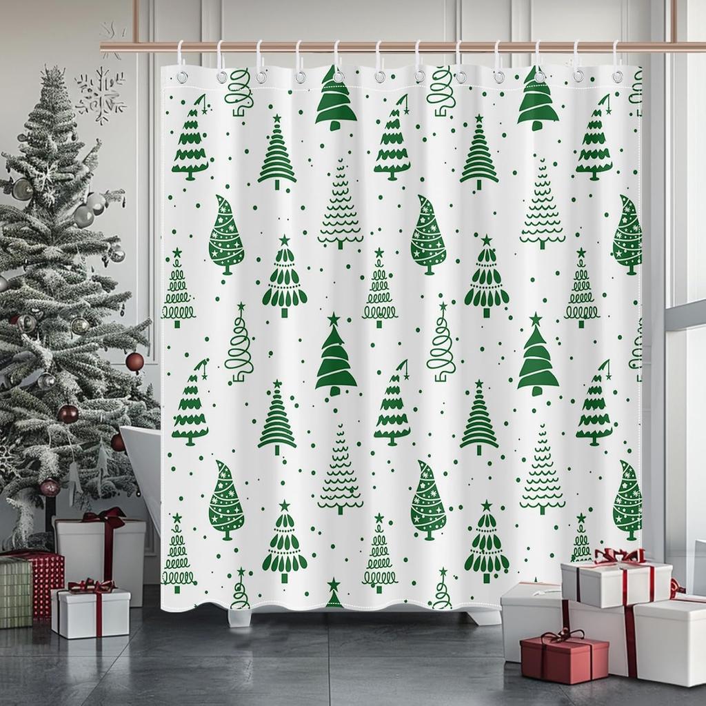 Christmas Shower Curtain Green Christmas Tree Winter Bathroom Shower Curtain Waterproof Xmas Tree Bathtub Curtain Decor with