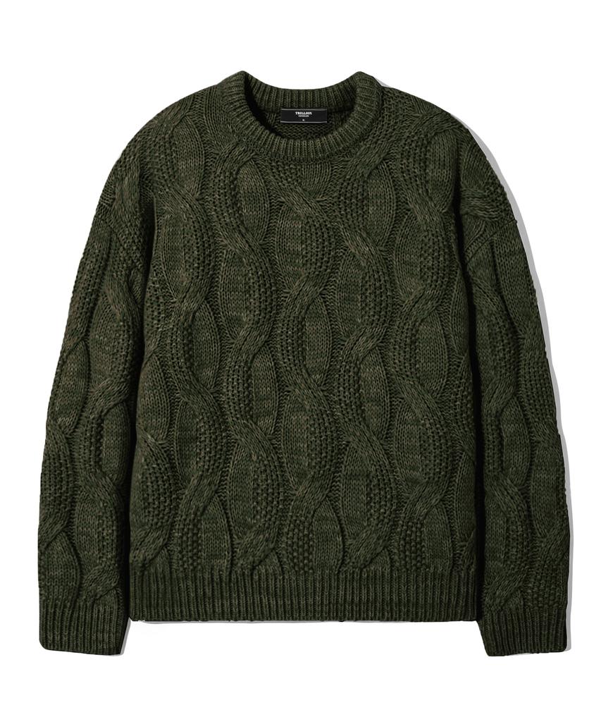 TRILLION Washable Big Cable Oversized Crew Neck Knit [Khaki]