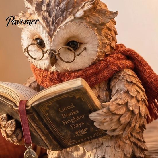 Owl Figurine for Bookshelf Reading Figurine, Creative Statue with Glasses Scarf Boots And Open Book, Woodland Theme Table Decor Sculpture Book