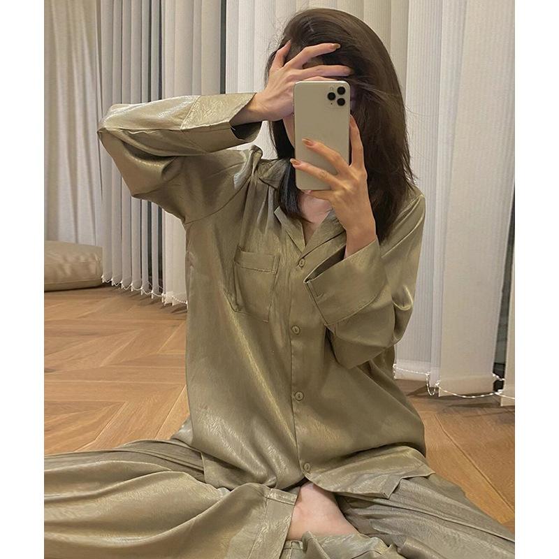 High-End Pajamas Women'S Autumn Temperament Olive Green Lapel Cardigan Long-Sleeved Loungewear Set