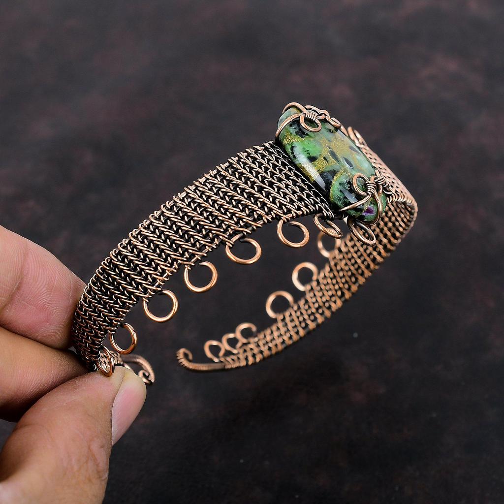 Copper Ruby Zoisite Bangle Copper Wire Wrapped Cuff Bracelet Handmade Boho Jewelry Gemstone Adjustable Bangle Wire Wrap Jewelry Gift For Her