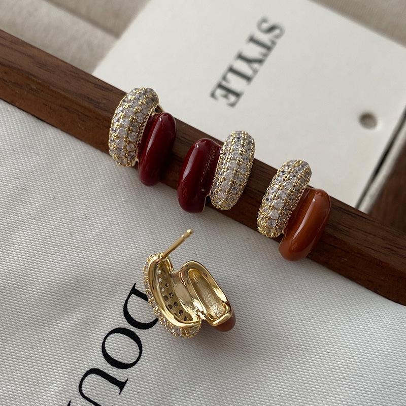 Enamel C-Letter Earrings Niche High-End Stud Earrings With Diamonds Drip Glaze Earrings Ankola Red Explosion