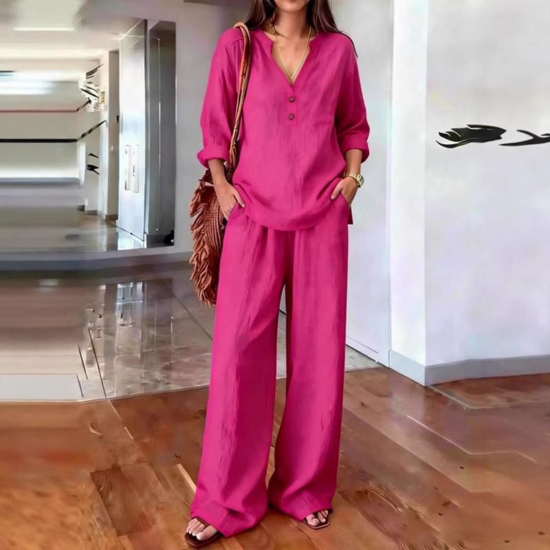 2026 New Women's Suit V-neck Long Sleeve Long Pants Solid Color Loose Casual Two-piece Set