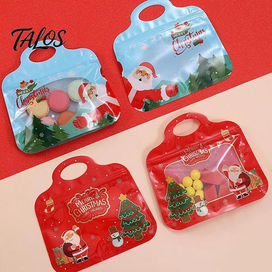 Decorative Christmas Snack Containers Treat Bags with Handles, Self-Seal Candy Cookie for Clear Window Gift Pouches Holiday Party Favors, Small Items