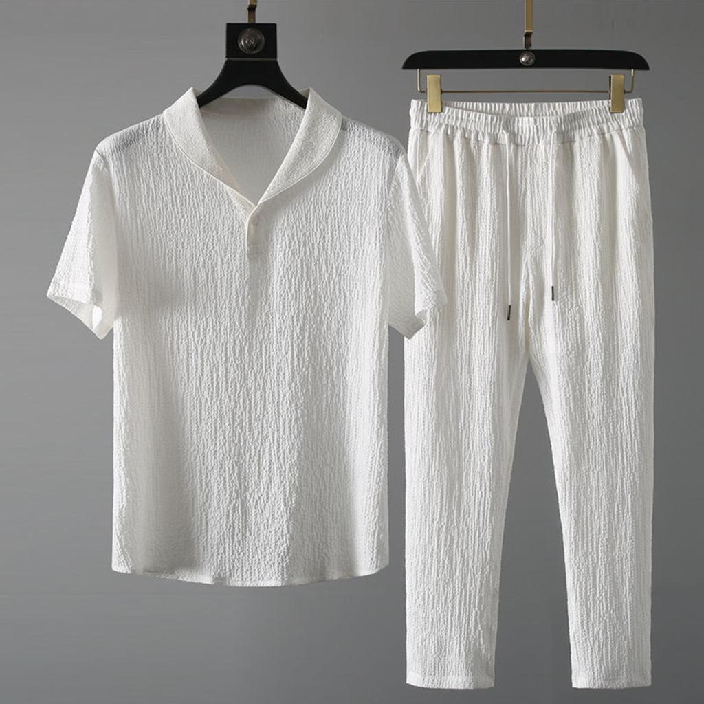 Men's Summer Casual Fashion Short Sleeve Button-Down Shirt And Pants Set