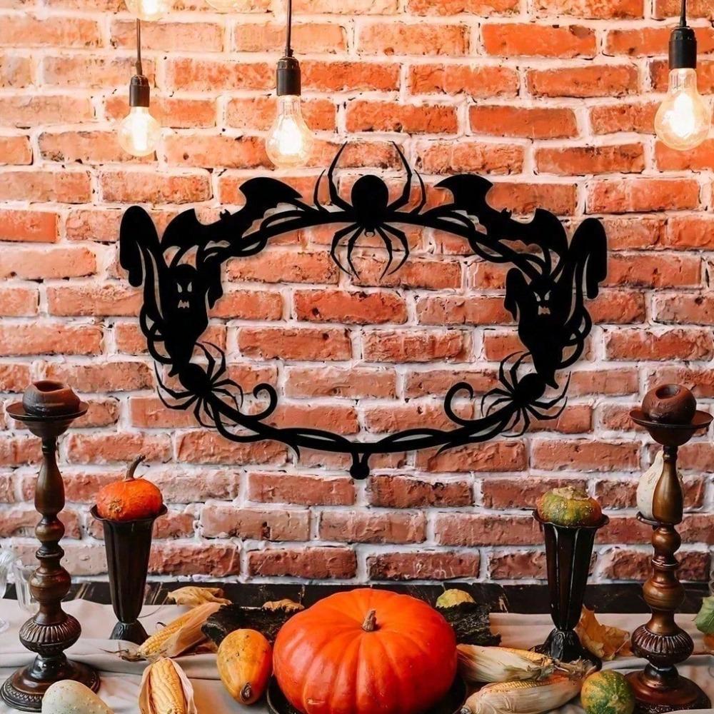 Wrought Iron Hanging Ornament, Bat Spider Ghost Round Wall Decor For Living Room Bedroom Doorway, Spooky Home Art, Halloween Christmas New Year Gift