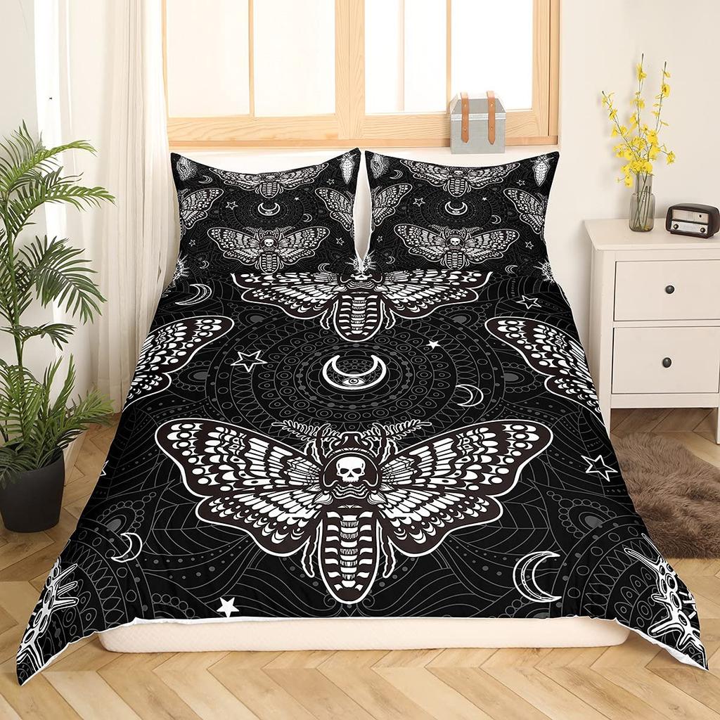 Black Death Moth Duvet Cover Set Gothic Skull Bedding Set Butterfly Bedclothes Moon Stars Polyester Quilt Cover for Kids Teens
