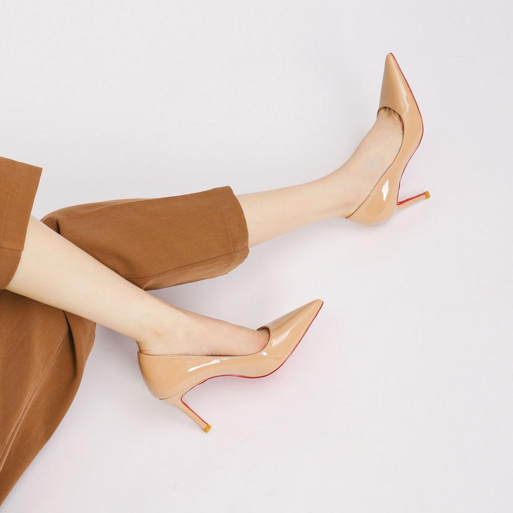 2025 Summer Sexy Light Mouth Pointed Head Thin Heel Red Sole High Heels Women's Professional Commuting Patent Leather Breathable Solid Color Sin