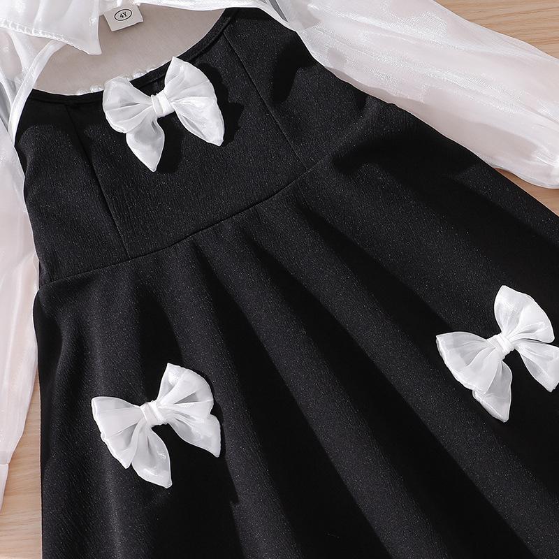 Girls Dress Autumn New Korean Version Children Sweet Cute Style Bow Mesh Long Sleeve Princess Dress