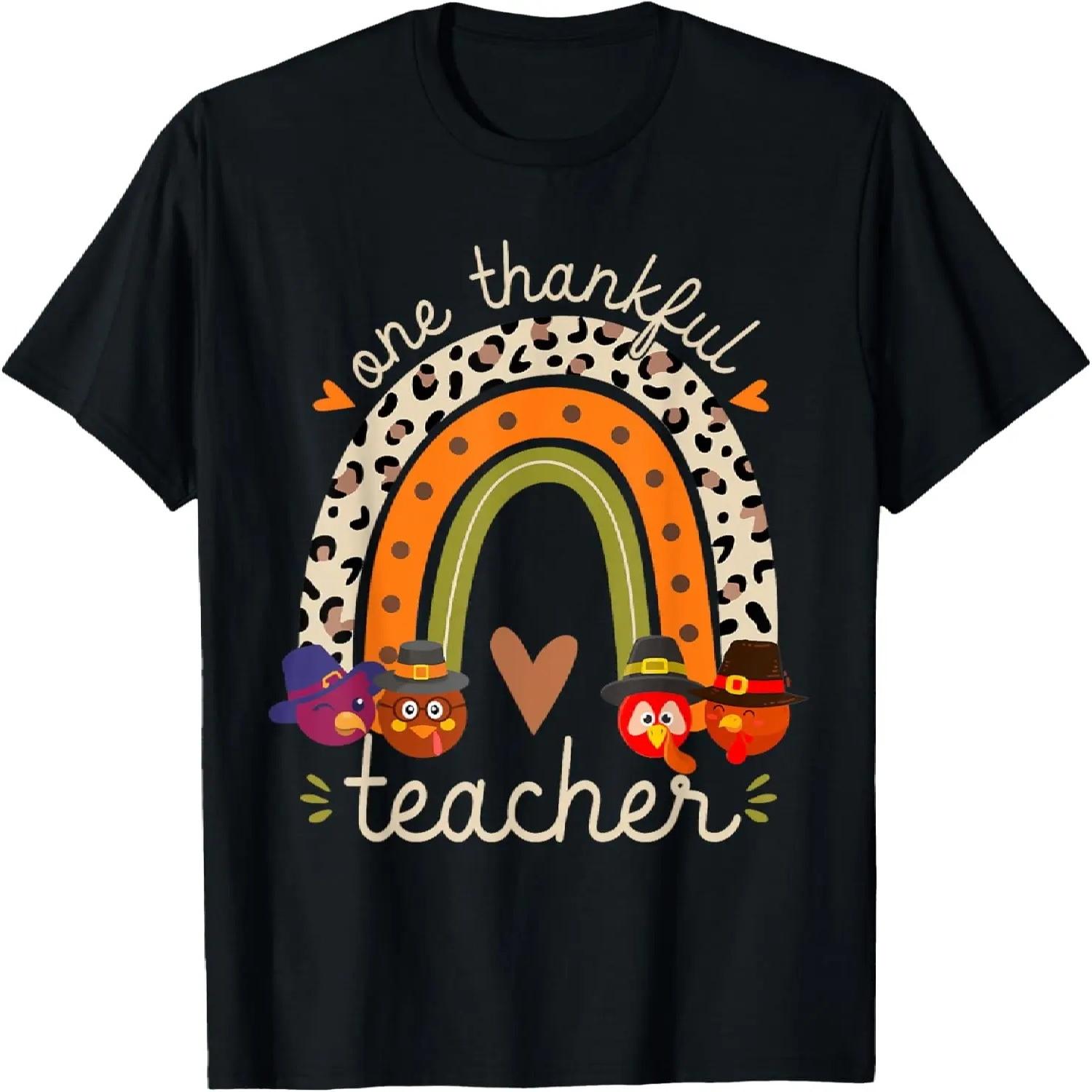 One Thankful Teacher Thanksgiving Turkey Rainbow Fall Funny T-Shirt S