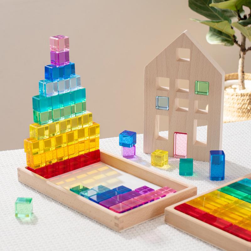 Transparent Rainbow 3D Building Blocks: Educational Acrylic Cubes for Children