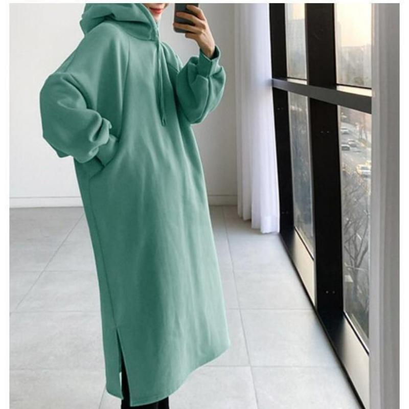 Addensare Autunno Inverno Donna Felpa Oversize Vestito Lungo Monocolore Moda Manica Lunga Abbigliamento Femminile Spacco Casual Vestiti Larghi