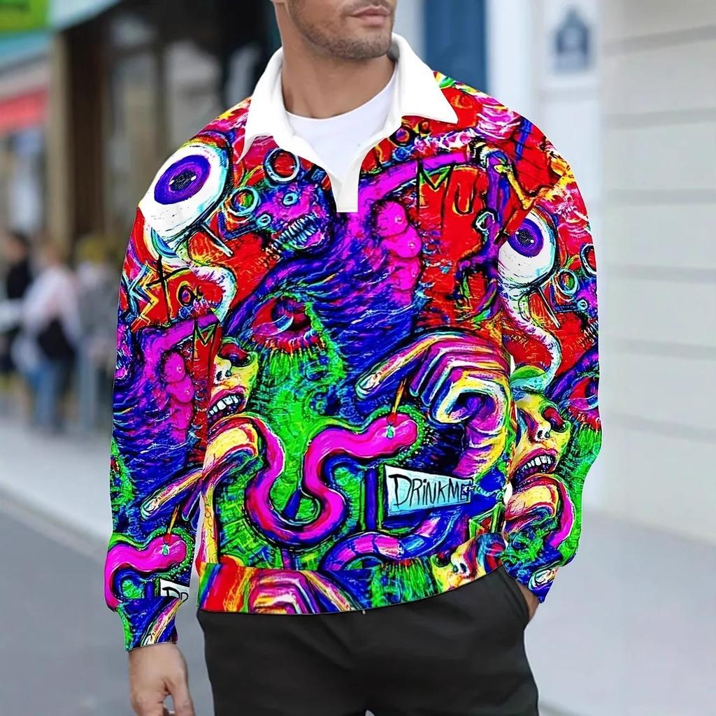 Abstract Art Print Long Sleeve Polo Shirt, Cool Streetwear Essential