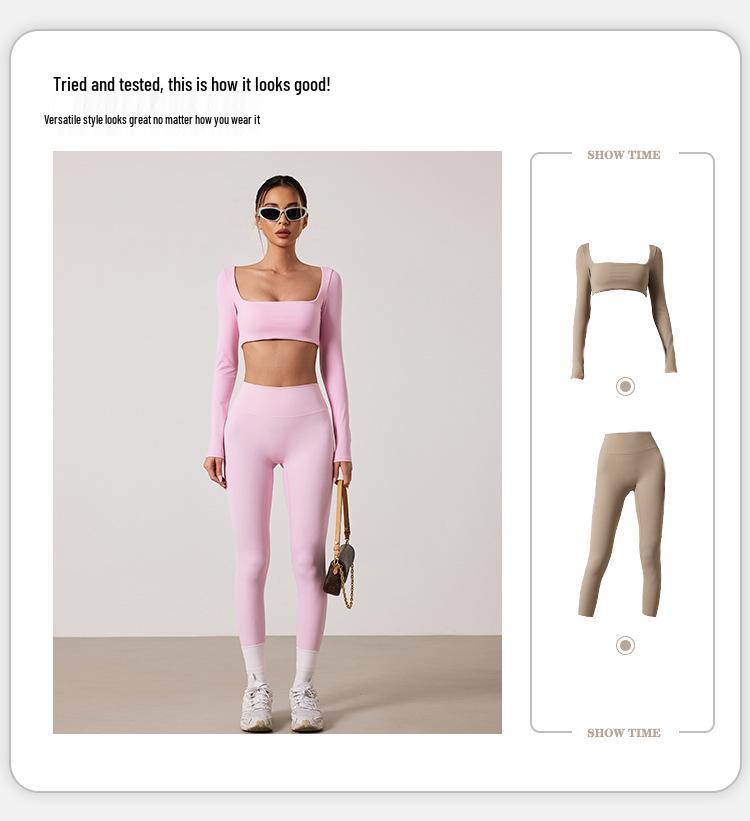 European & American Dance Yoga Wear: Sexy Square Neck Long Sleeve Top & High Waist Hip-Lifting Pants Set