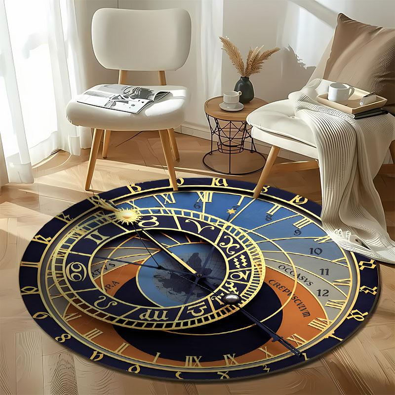 Vintage Prague Astronomical Clock Round Rug Medieval Astrology Zodiac Non-Slip Carpet for Gothic Steampunk Home Decor mat