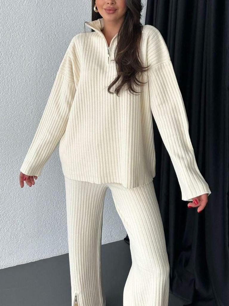Spring 2025 Women's Solid Color Zippered Knit Set: High Neck Ribbed Loungewear Two-Piece
