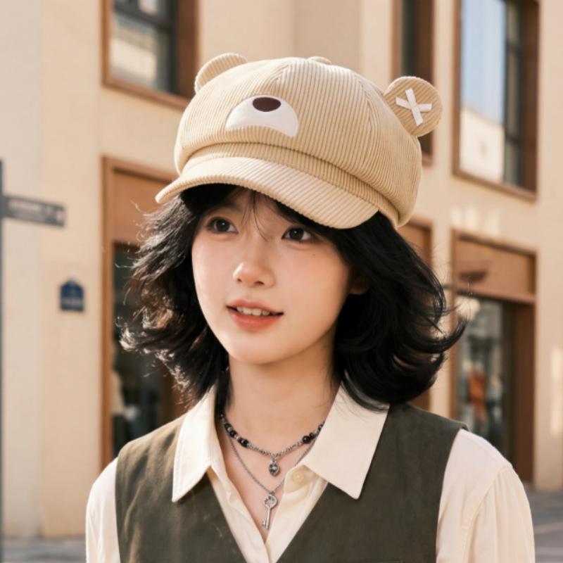 New cute bear ears octagonal hat autumn and winter cartoon bear newsboy hat age-reducing versatile corduroy short brim hat